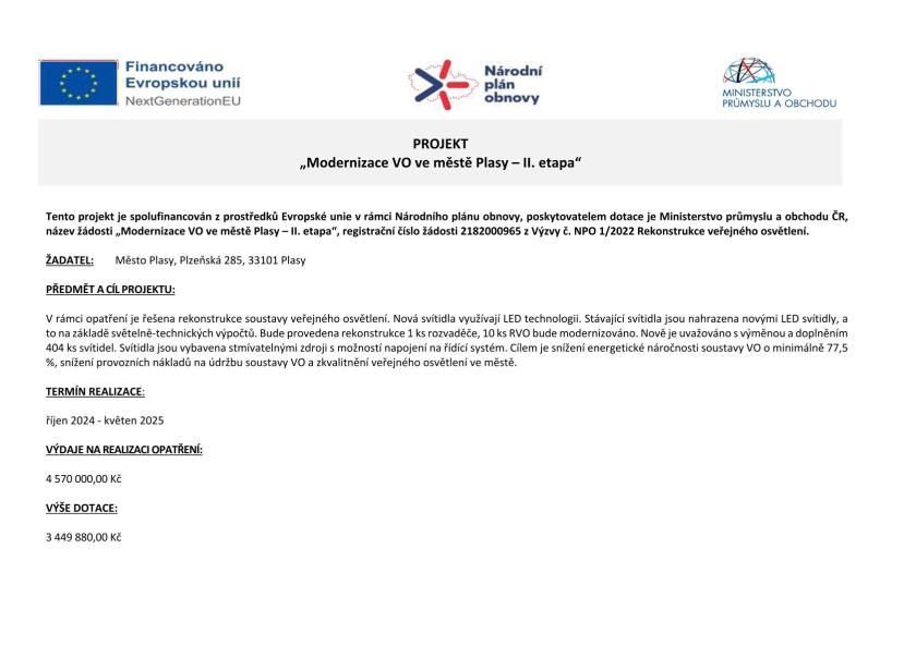 Modernizace VO ve městě Plasy - II. etapa Modernizace VO ve městě Plasy - II. etapa