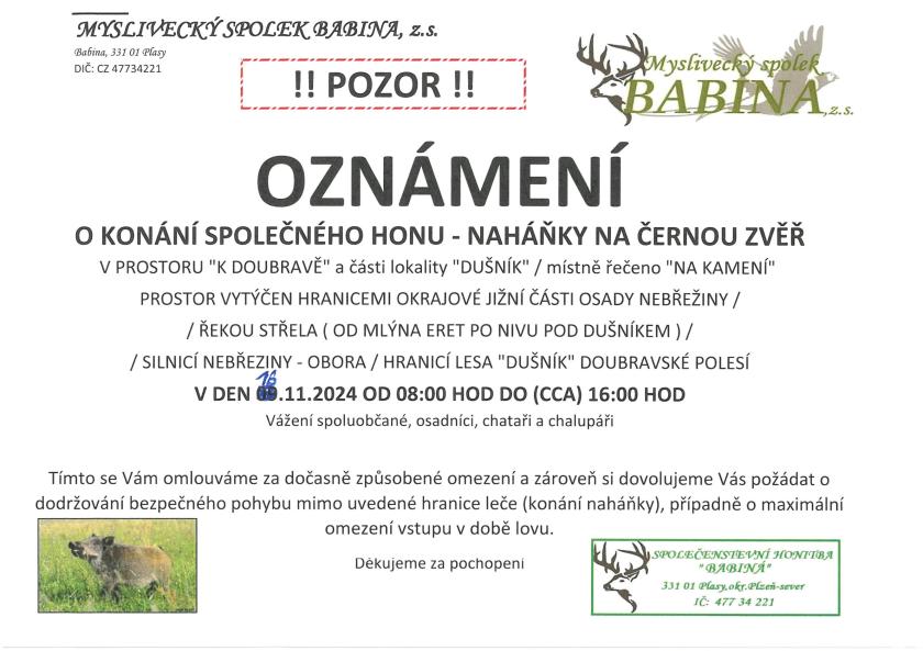 Oznámení o konání společného honu - prostor  K Doubravě