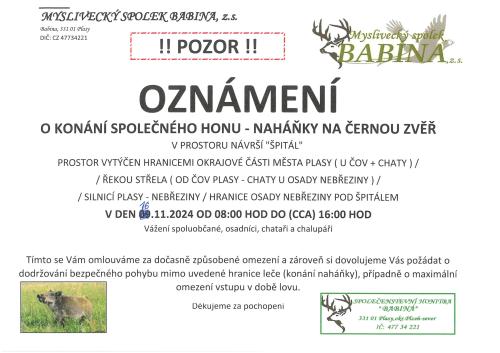 Oznámení o konání společného honu - prostor u ČOV + chaty